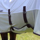Detail of adjustable belly straps and breathable mesh on a white horse fly rug in a field.