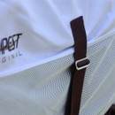 Close-up of adjustable strap slider on the breathable mesh section of a white horse fly rug.