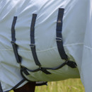 Close-up of fly rug straps and belly fittings along the underside of the rug.