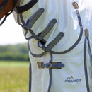 Close-up of fly rug fastening straps with Shires branding on neck cover.