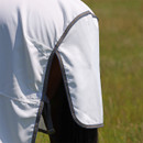 Close-up of fly rug tail flap opening with bound trim for freedom of movement.