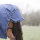 Close-up of the navy turnout rug tail flap and leg strap on a horse in a field.