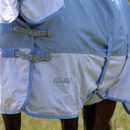Detailed view of the side straps and fastenings on a light blue and white turnout rug on a horse.