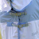 Close-up of the front chest fastenings and buckles on a light blue and white horse turnout rug.