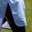 Close-up of the rear tail flap area showing the split and trim on a light blue and white horse rug in a field.
