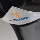 Close-up of FlyGuard Pro Series logo on the silver reflective panel of a black fly mask.