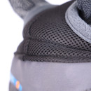 Close-up of soft fleece edging and breathable mesh fabric inside a fly mask.