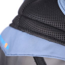 Macro view of padded black mesh fabric and blue trim on FlyGuard Pro fly mask.