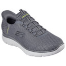 A grey athletic trainer with a textured mesh design, featuring a white sole, elastic bands instead of laces, and green branding accents for a modern look.