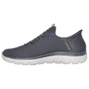 Grey slip-on athletic sneaker with a mesh upper, textured heel, and a white, cushioned sole. The design is sleek and modern, conveying comfort.