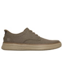 Casual brown sneaker with a textured fabric upper and a light beige rubber sole. The shoe features a simple lace-up design, conveying a relaxed vibe.