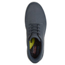 Top view of a grey trainer with a textured surface and black laces. The yellow and black insole features "Slip-Ins" text for added detail.