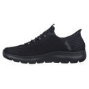 A sleek black athletic shoe with a mesh upper, textured heel, and cushioned sole. Minimalist design exudes a modern, sporty vibe.