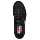 Top view of a black slip-on trainer with elastic laces. The insole features the logo "Skechers Slip-ins" in white and red, conveying casual comfort.