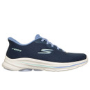 Navy blue athletic shoe with light blue accents and laces, featuring a cushioned white sole. The design conveys comfort and casual style.