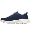 A navy blue athletic shoe with a light blue sole and laces. The mesh material and sleek design convey a modern, lightweight, and sporty feel.