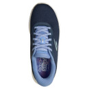 Top view of a navy blue athletic shoe with light blue laces and inner lining. The insole features vibrant red and blue patterns with text.