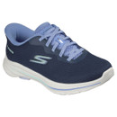 A navy blue athletic shoe with light blue laces and lining, featuring a white and pastel blue sole. The design is sleek and modern, conveying comfort and style.