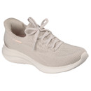 Beige knit sneaker with laces, featuring a sleek design and cushioned sole. The texture conveys flexibility and comfort, ideal for casual wear.