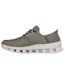 Olive green athletic shoe with a breathable mesh upper, black laces, and a white cushioned sole featuring cut-out details for added style and comfort.