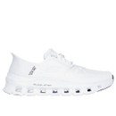 White athletic trainer with a breathable mesh upper and thick sole featuring cut-out details. Sleek, minimalist design conveying comfort and style.