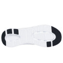 The image shows the sole of a shoe with a white textured surface and black rectangular grips on the heel and toe, conveying durability and traction.