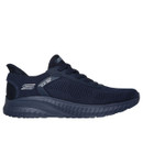 Navy blue athletic trainer featuring a mesh upper, lace-up design, and cushioned sole. Side branding with modern style conveys comfort and functionality.