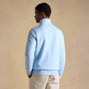 ear view of the model wearing the light blue quarter-zip fleece, showing the fit and plain back design.