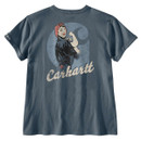 Back view of iron blue Carhartt T-shirt with a vintage-style Rosie graphic, Carhartt script logo, and large “C” emblem.