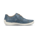 Blue lace-up shoe with white sole, side profile view.