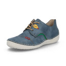 Blue lace-up shoe with contrast stitching, front three-quarter view.