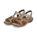 Pair of multi-strap sandals in beige, tan and mint green, three-quarter view.