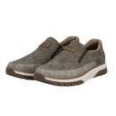 Pair of grey slip-on trainers with brown trim and chunky sole, angled front view.