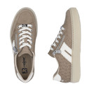 Top and side view of the taupe lace-up trainer, showing the side zip, white panel detail and textured sole.