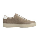 Opposite side profile of the taupe lace-up trainer showing the embossed pattern and thick textured sole, shown on a white background.