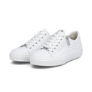 Pair of white Rieker lace-up trainers with side zip, angled front view on a white background.