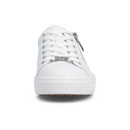 Front view of a white Rieker trainer showing the laces, side zip and textured white sole.