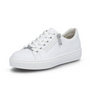 Single white Rieker lace-up trainer with side zip, angled side view on a white background.