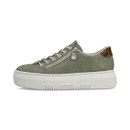 Side profile of the green Rieker platform trainer showing the zip, elastic laces and textured sole.