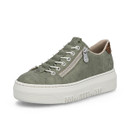 Single green Rieker platform trainer with side zip and leopard-print heel detail, angled side view.