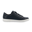 Side profile of a navy trainer with lace-up fastening and white textured sole.