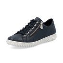 Navy lace-up trainer with side zip and embossed logo, shown at an angle.