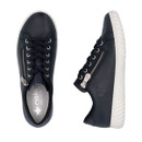 Top and side view of the navy trainer showing the side zip and white outsole.