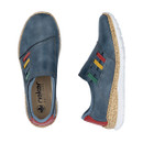 Top and side view of a blue slip-on trainer with coloured elastic straps, cork-effect trim and white sole on a white background.