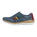Side profile of a blue slip-on trainer with coloured elastic straps and red heel panel on a white background.