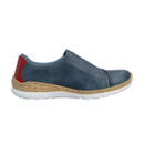 Side profile of a blue slip-on trainer with cork-effect trim and white sole on a white background.