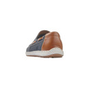 Rear view of a navy slip-on loafer with tan heel panel and white sole on a white background.