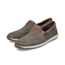 Pair of green slip-on loafers with perforated upper and brown heel detail, shown at an angle.