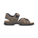 Side profile of a brown Rieker sandal showing open toe, heel strap and chunky sole.