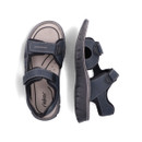 Top and side view of the navy sandals, highlighting the contoured footbed, strap layout and grippy outsole.